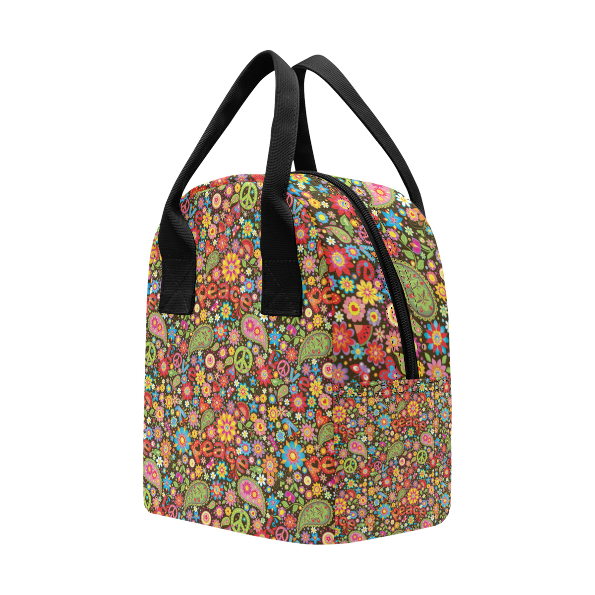 Flower Power Peace Paisley Themed Print Insulated Lunch Bag