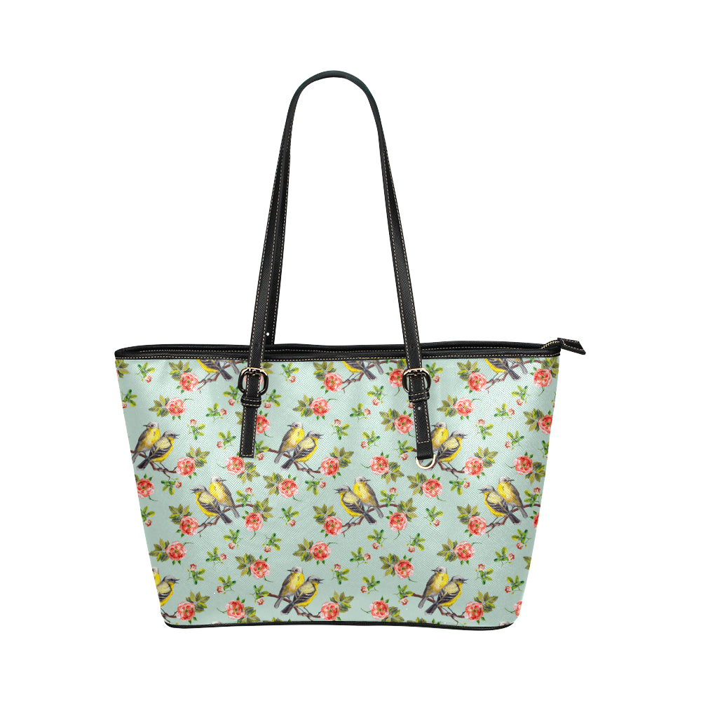Bird with Red Flower Print Pattern Leather Tote Bag