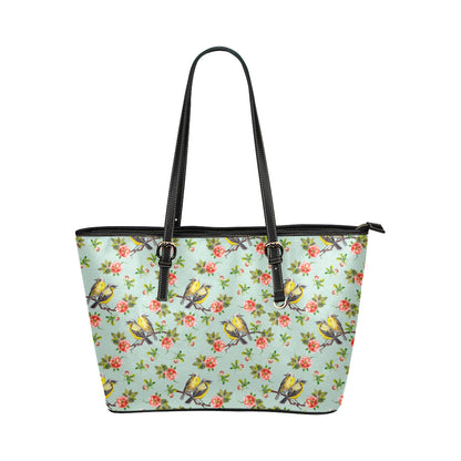 Bird with Red Flower Print Pattern Leather Tote Bag