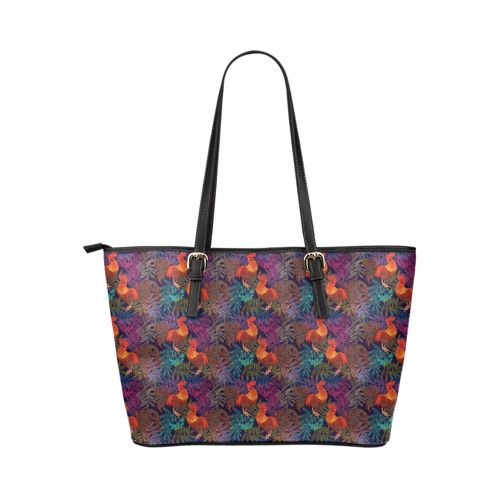 Rooster Print Style Leather Tote Bag