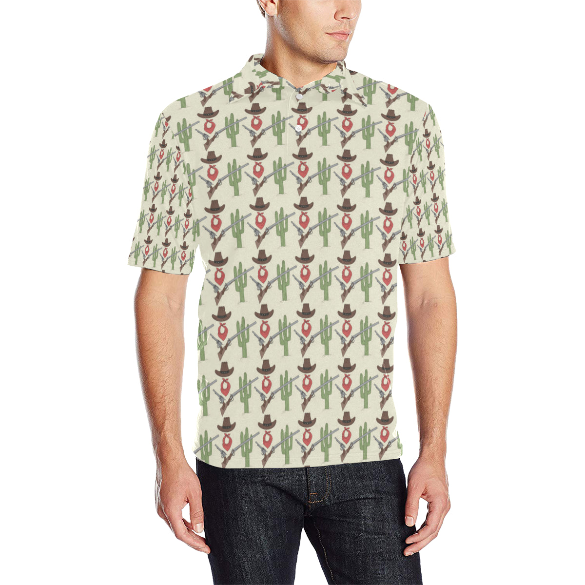 Western Cowboy Print Men Polo Shirt