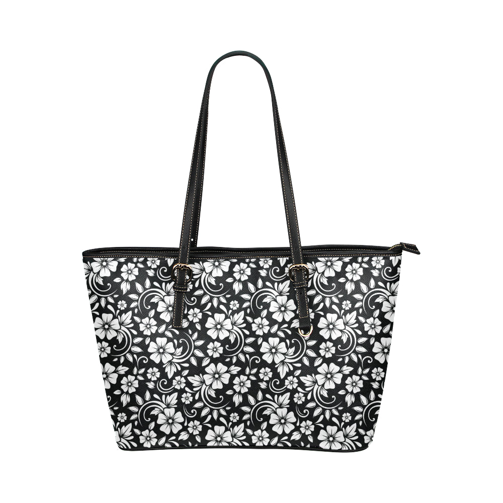Floral Black White Themed Print Leather Tote Bag