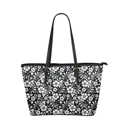 Floral Black White Themed Print Leather Tote Bag