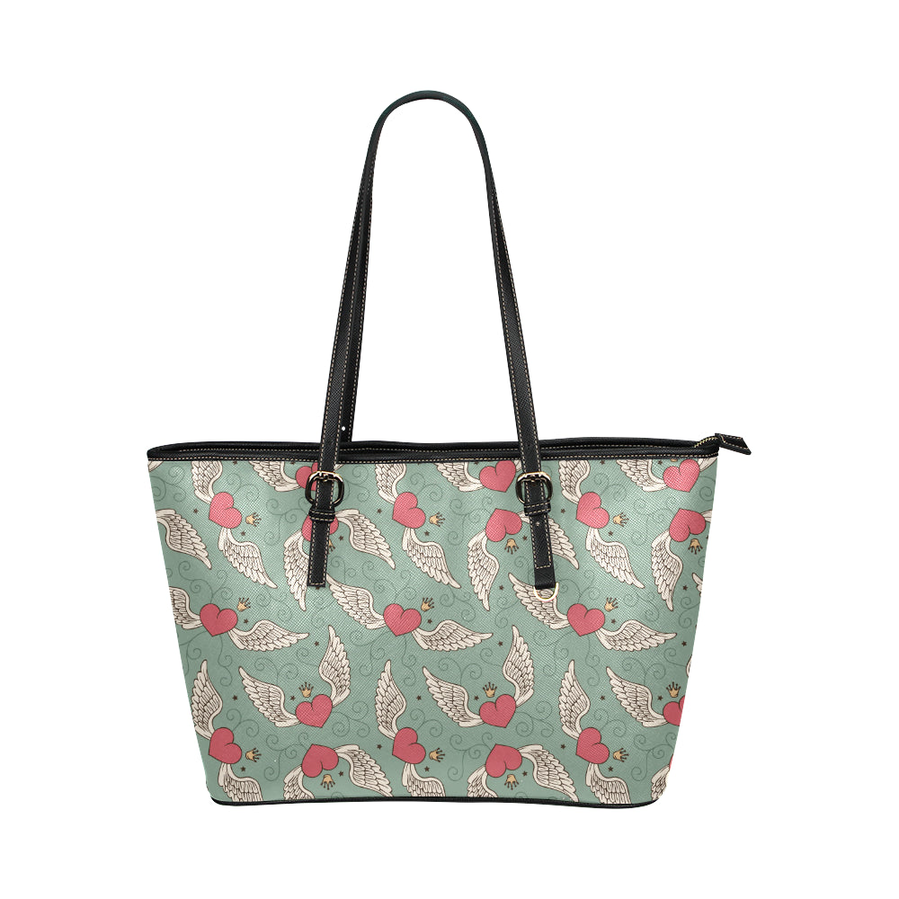 Angel Wings Heart Design Themed Print Leather Tote Bag