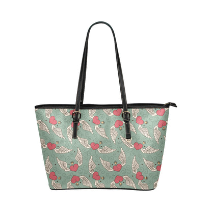 Angel Wings Heart Design Themed Print Leather Tote Bag