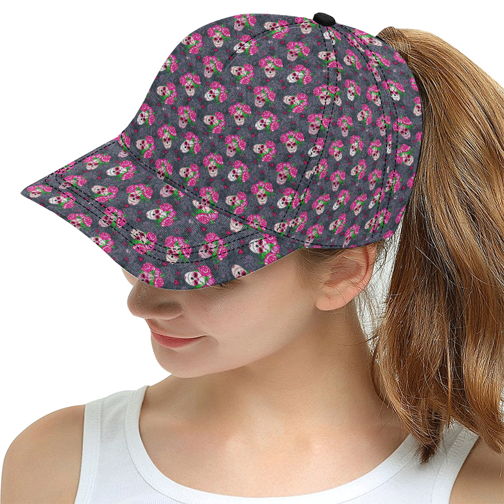 Sugar Skull Pink Rose Themed Print Snapback Cap