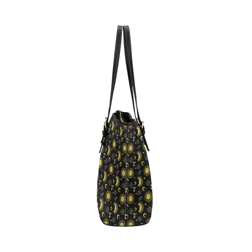 Sun Moon Golden Design Themed Print Leather Tote Bag