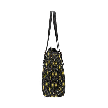 Sun Moon Golden Design Themed Print Leather Tote Bag