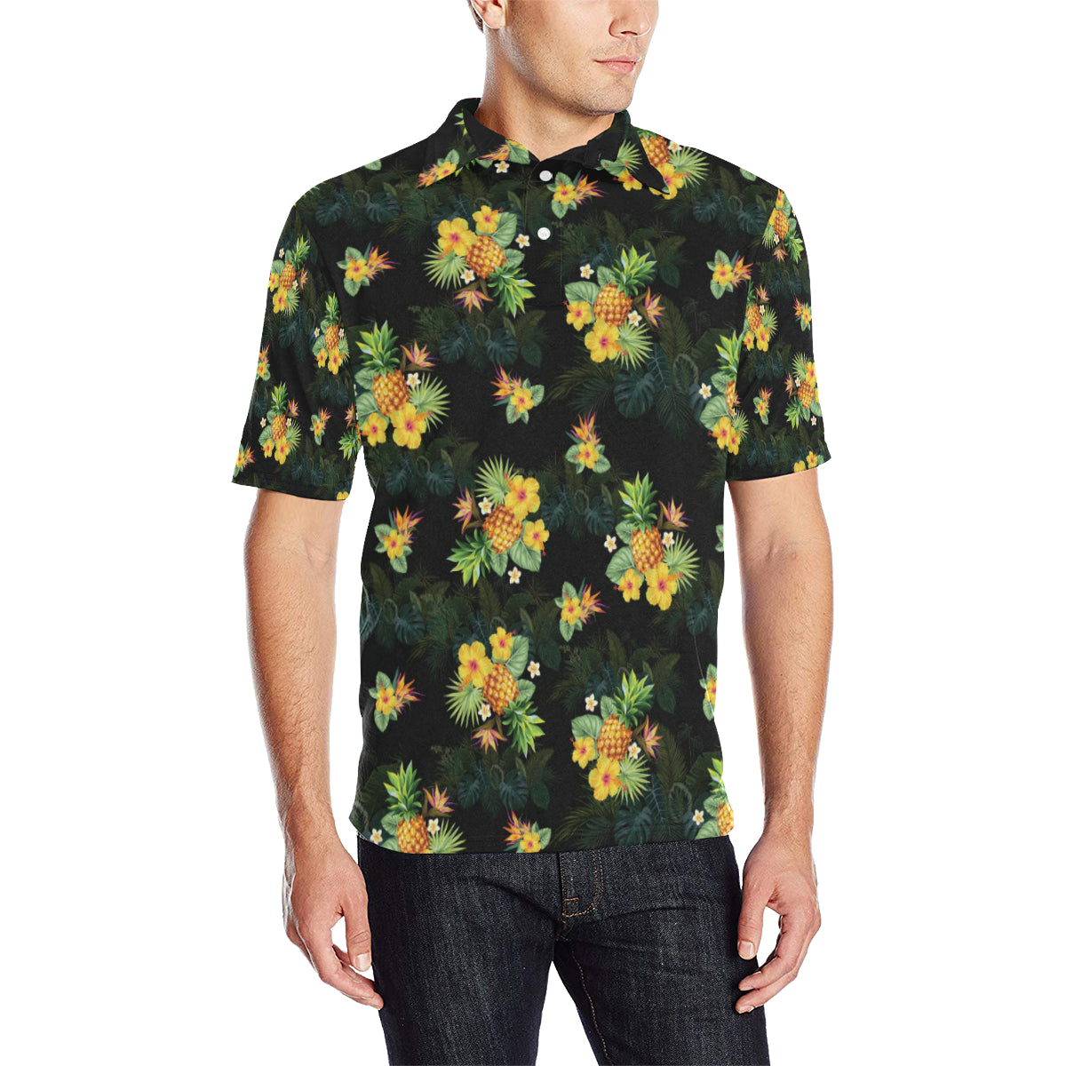 Pineapple Tropical Flower Print Pattern Men Polo Shirt