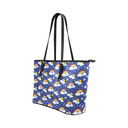 Rainbow Space Design Print Leather Tote Bag