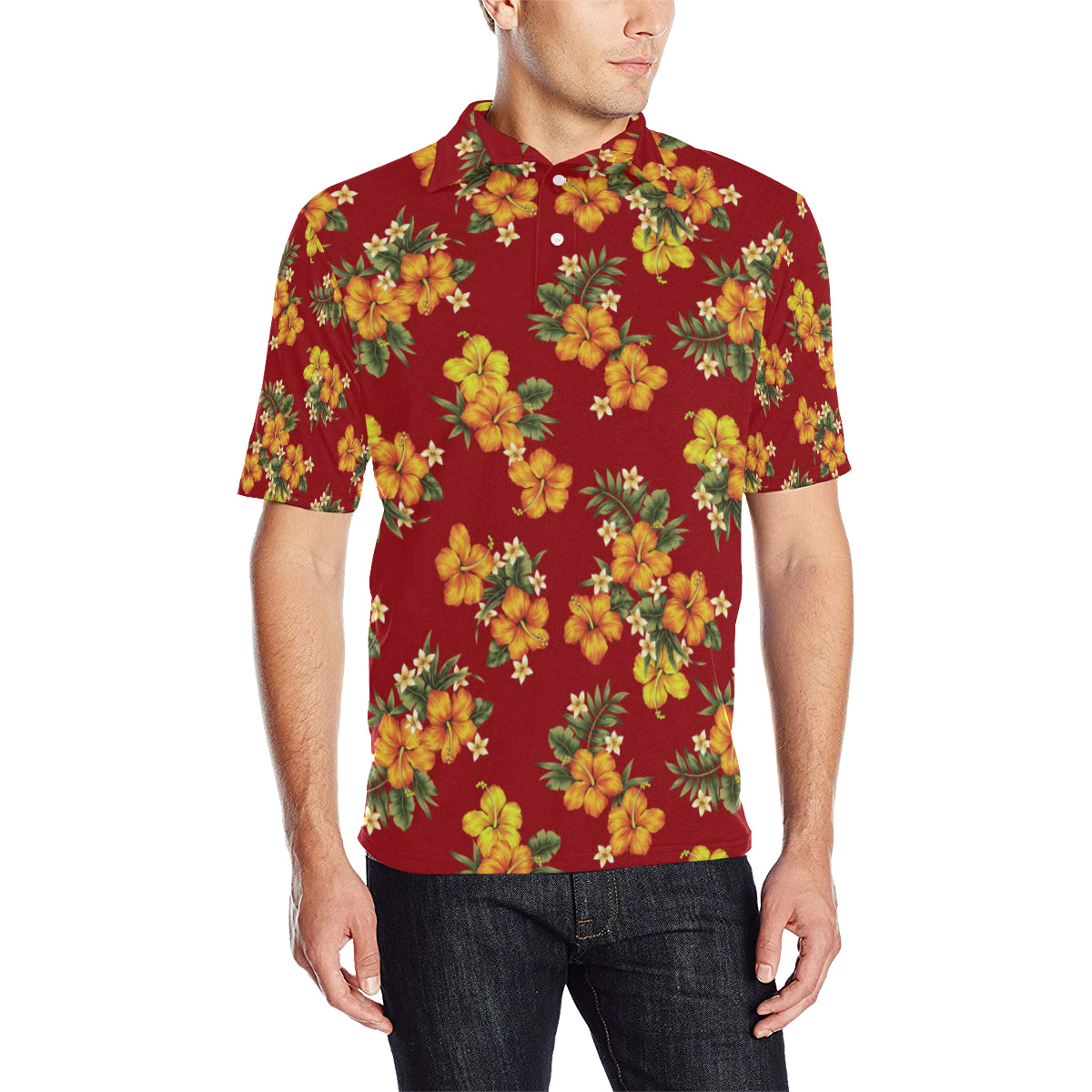 Orange Hibiscus Pattern Print Design HB026 Men Polo Shirt