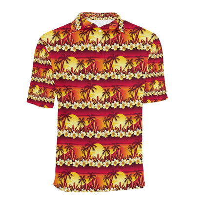Hawaiian Tropical Sunset Hibiscus Print Men Polo Shirt