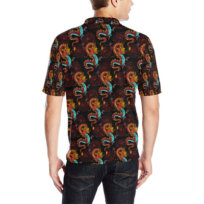 Chinese Dragons and Peonies Design Men Polo Shirt