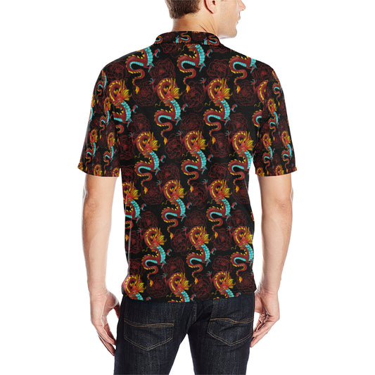 Chinese Dragons and Peonies Design Men Polo Shirt