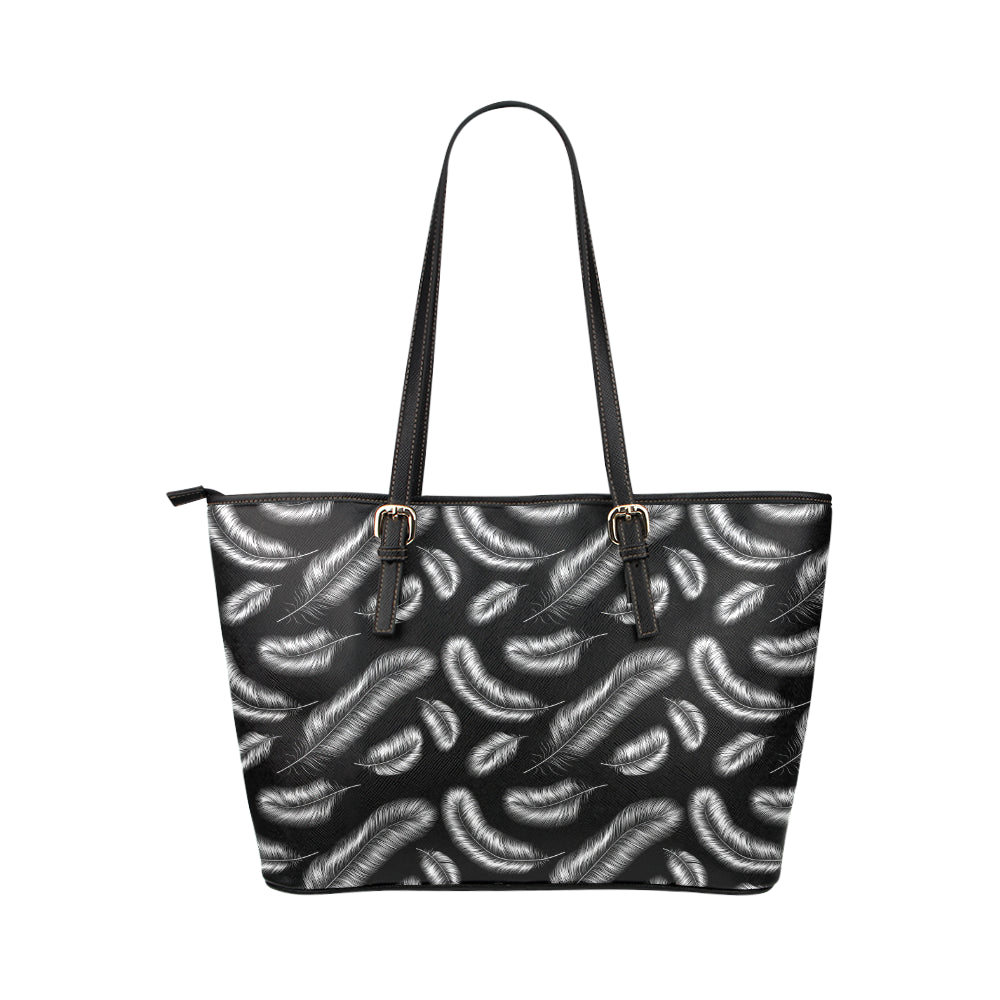 Feather Black White Design Print Leather Tote Bag