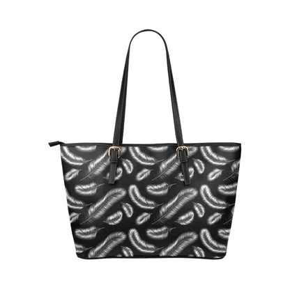 Feather Black White Design Print Leather Tote Bag