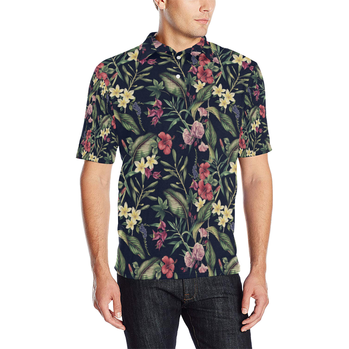 Tropical Flower Pattern Men Polo Shirt