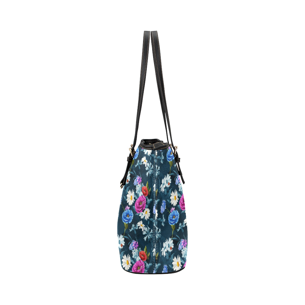 Floral Blue Themed Print Leather Tote Bag