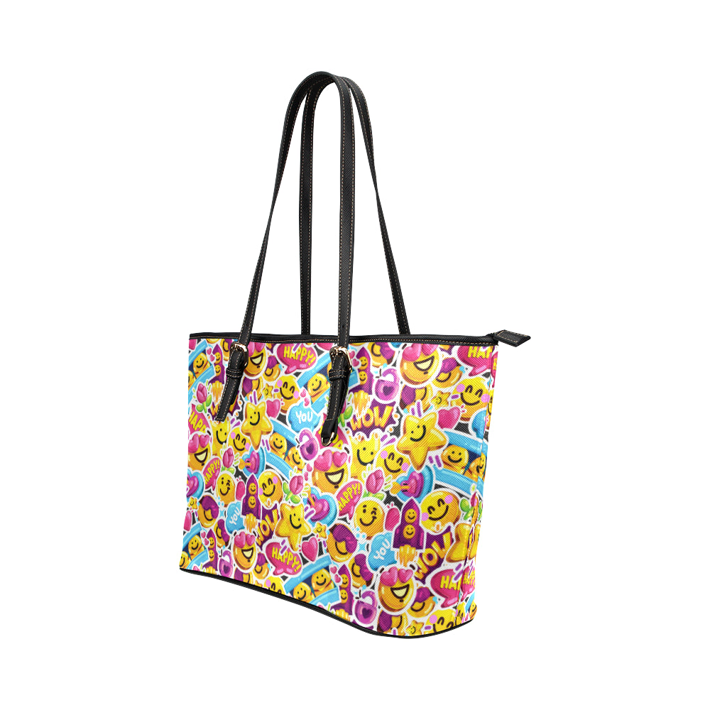 Emoji Sticker Print Pattern Leather Tote Bag