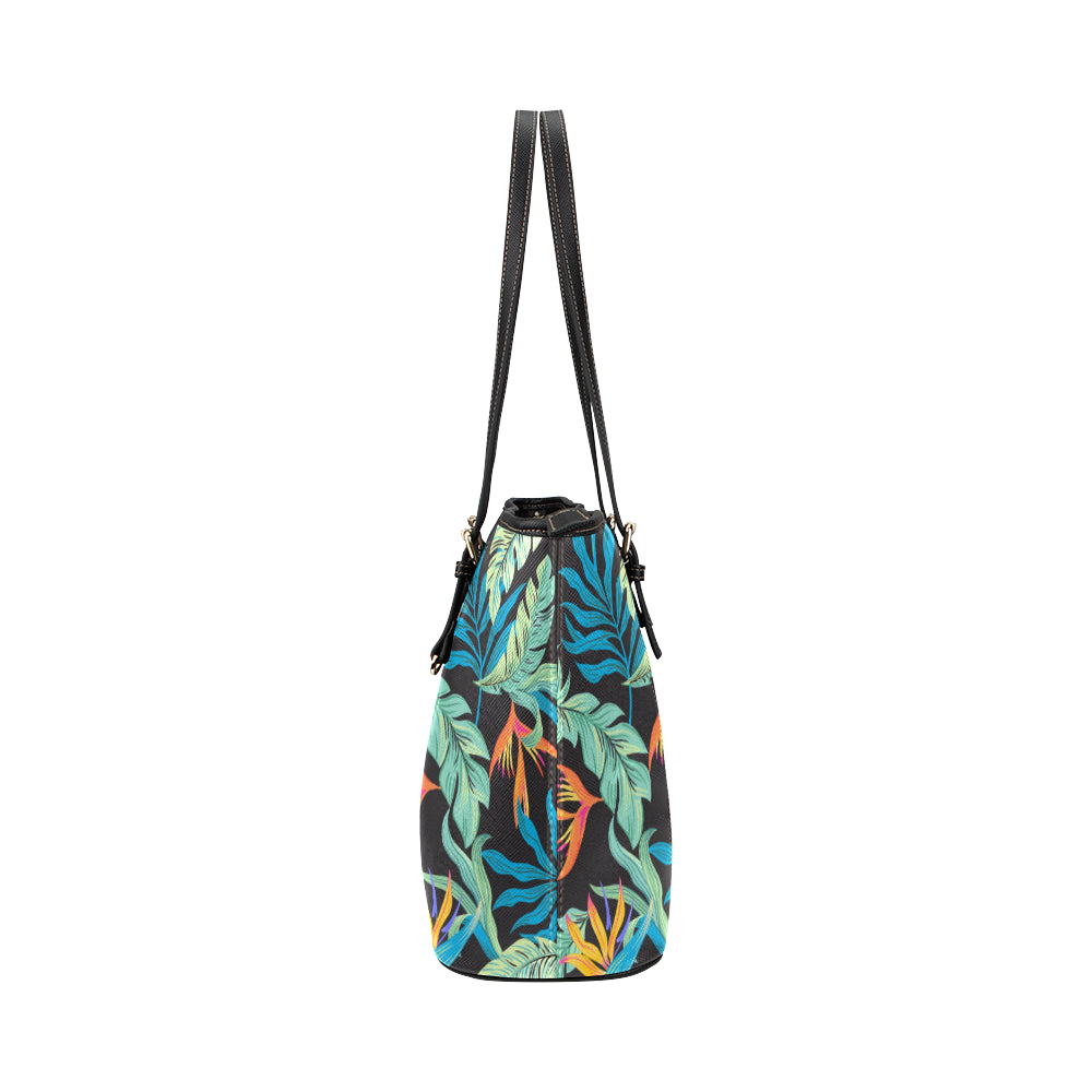 Tropical Palm Leaves Hawaiian Flower Leather Tote Bag