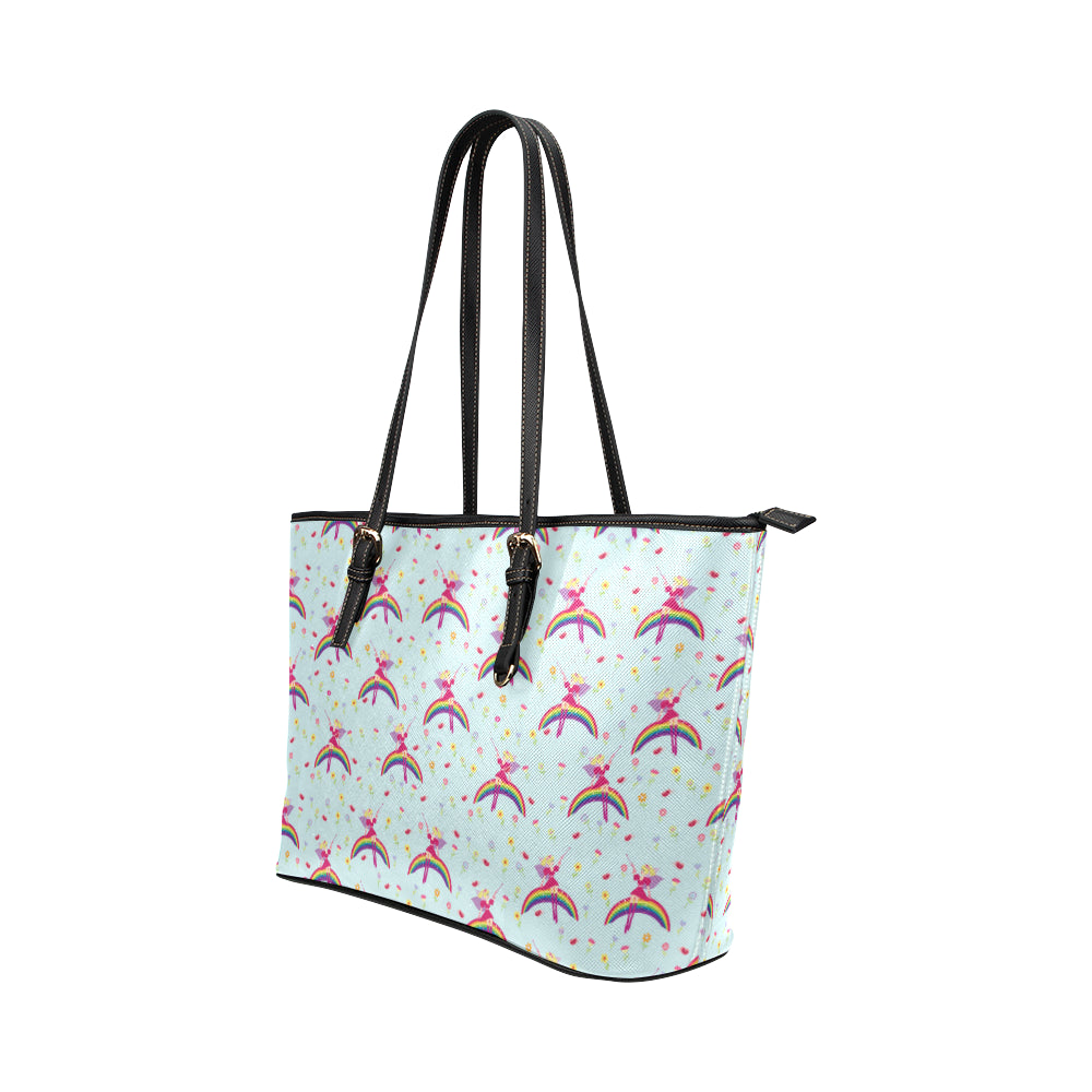 Fairy with Rainbow Print Pattern Leather Tote Bag