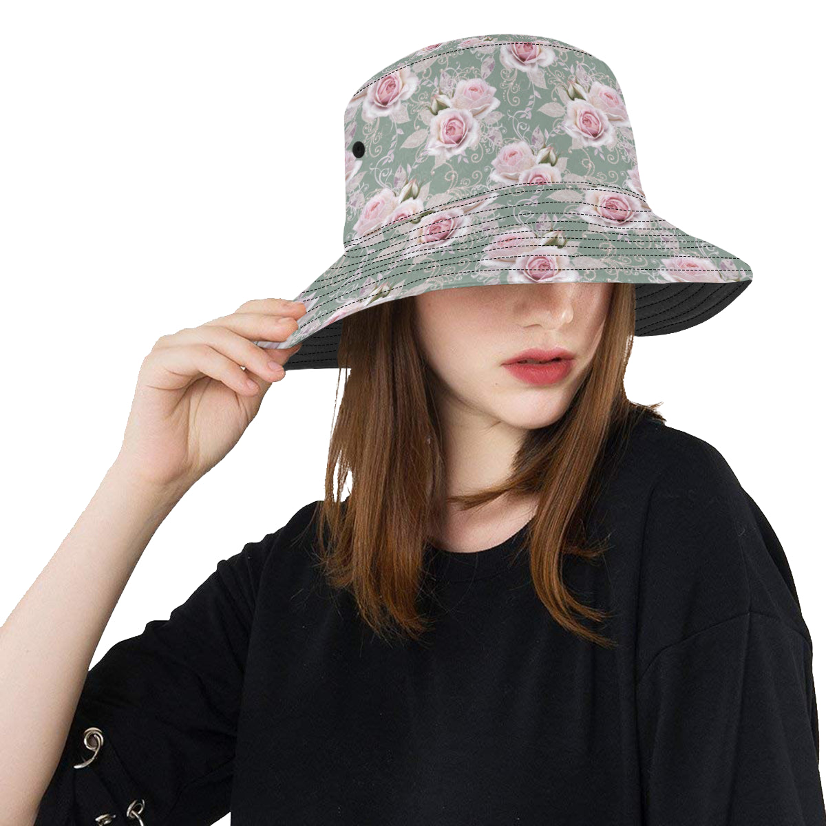 Rose White Pattern Print Design RO012 Unisex Bucket Hat