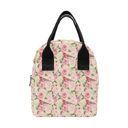 Bird Butterfly Pink Flower Print Pattern Insulated Lunch Bag
