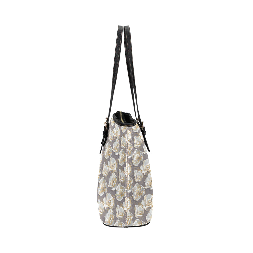 Elegant Grey Flower Print Leather Tote Bag