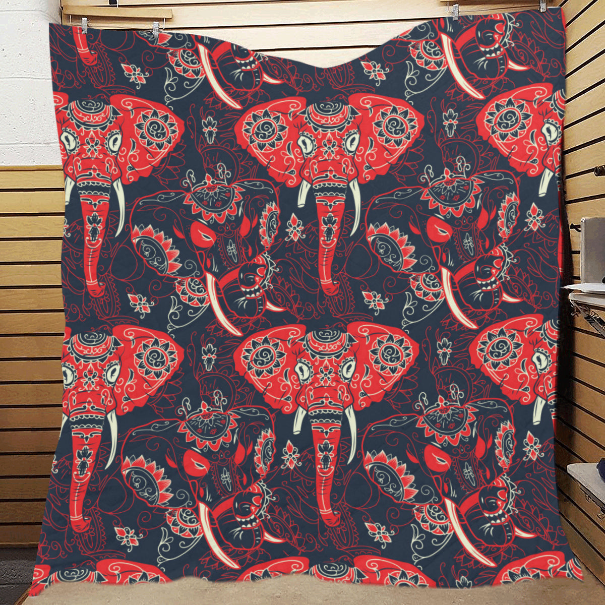 Red Indian Elephant Pattern Premium Quilt