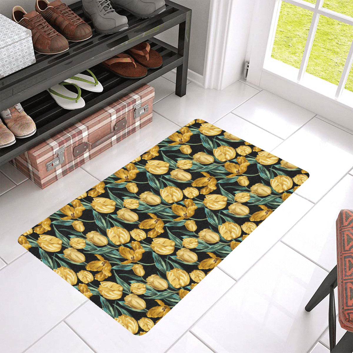 Elegant Yellow Tulip Print Rubber Doormat