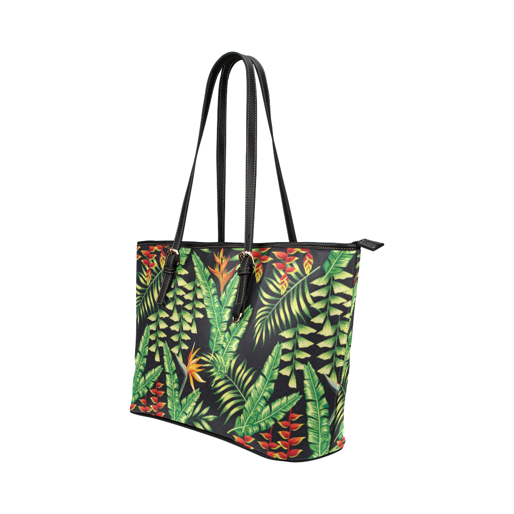 Hawaiian Flower Tropical Palm Leaves Leather Tote Bag