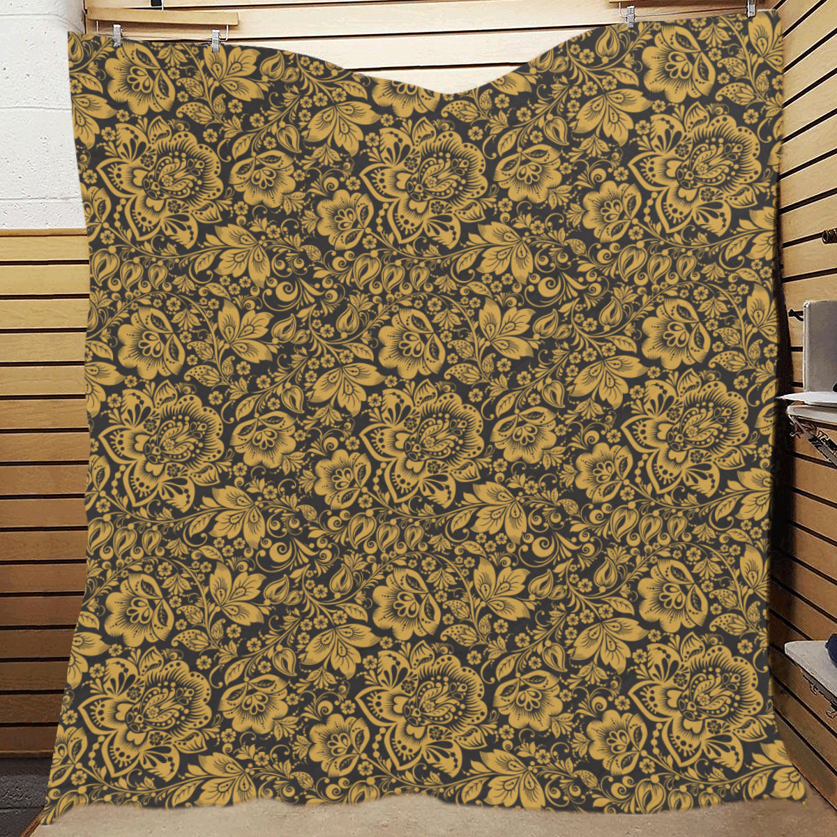 Brocade Gold Pattern Print Design 01 Premium Quilt