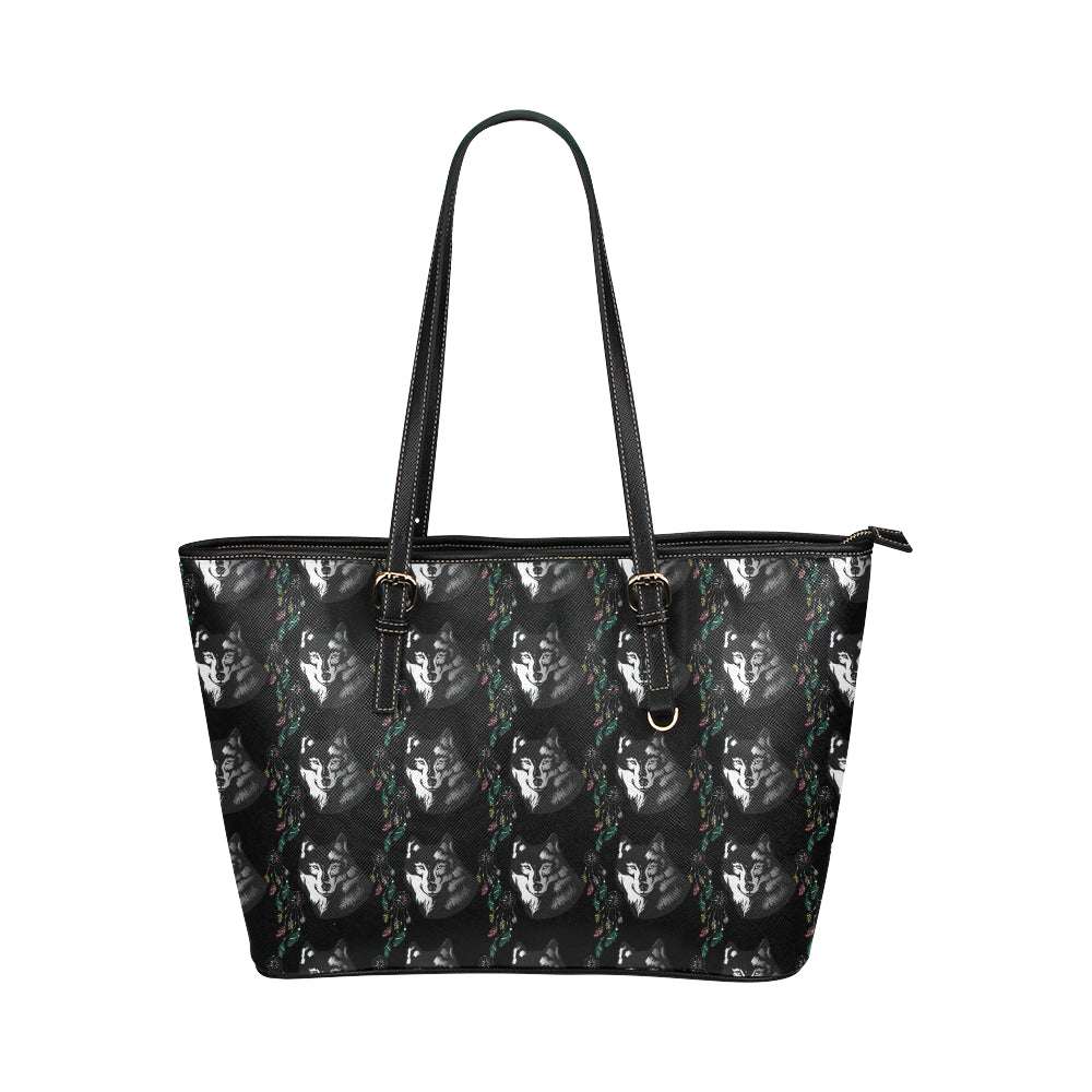 Wolf Black Dream Catcher Design Print Leather Tote Bag