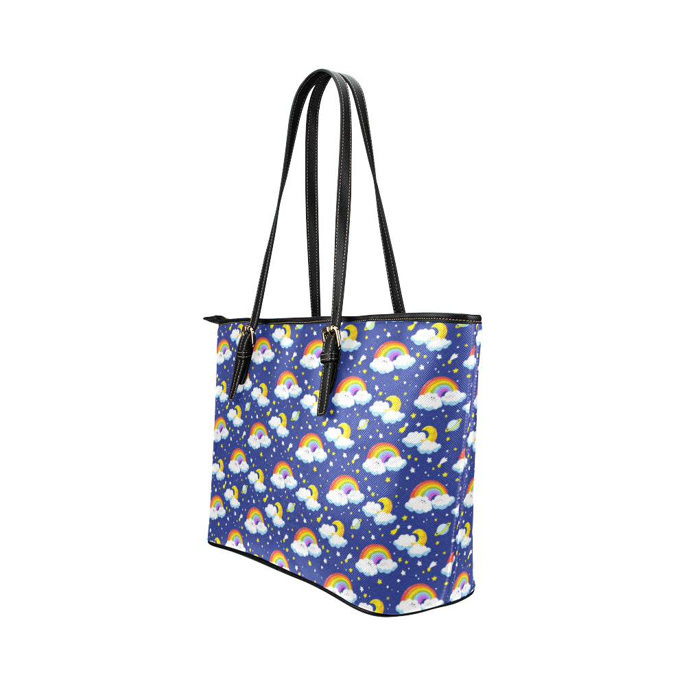 Rainbow Space Design Print Leather Tote Bag