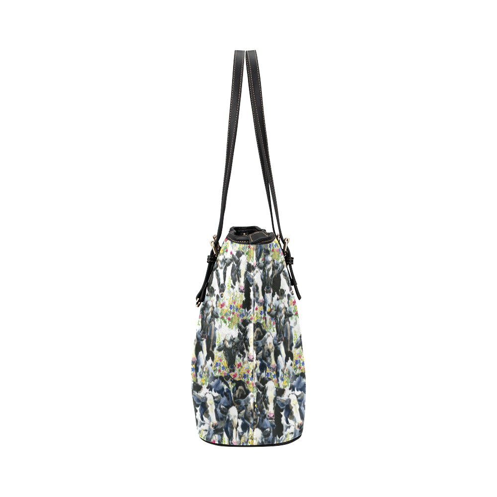 Cow Watercolor Print Pattern Leather Tote Bag