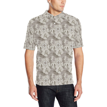 Nautical Map Design Themed Print Men Polo Shirt