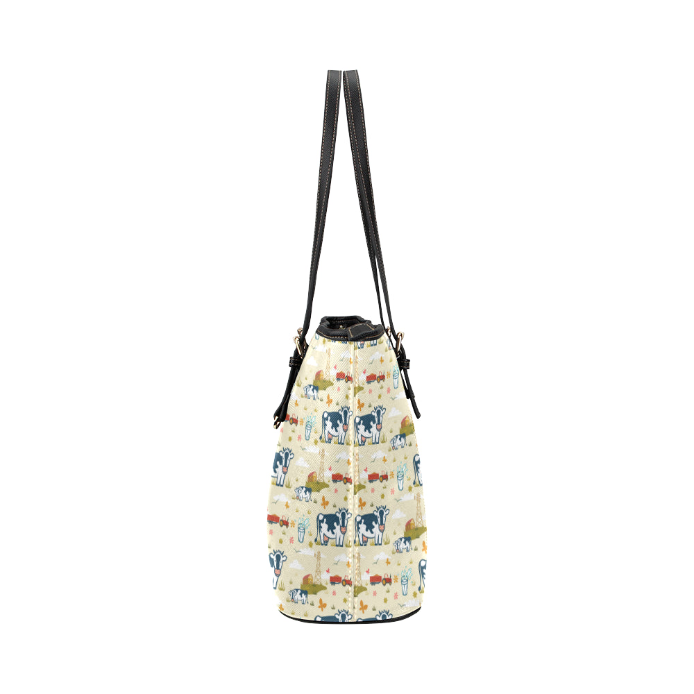 Cow Farm Design Print Leather Tote Bag