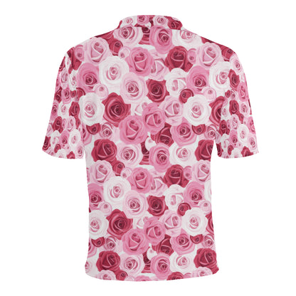 Pink Red Rose Pattern Print Men Polo Shirt
