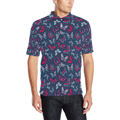 Butterfly Red Deep Blue Print Pattern Men Polo Shirt