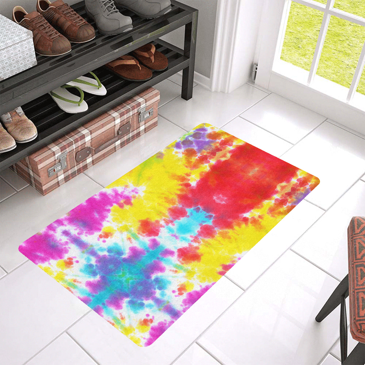 Tie Dye Rainbow Themed Print Rubber Doormat