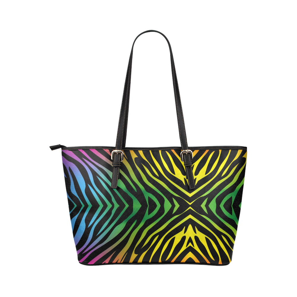 Rainbow Zebra Themed Print Leather Tote Bag