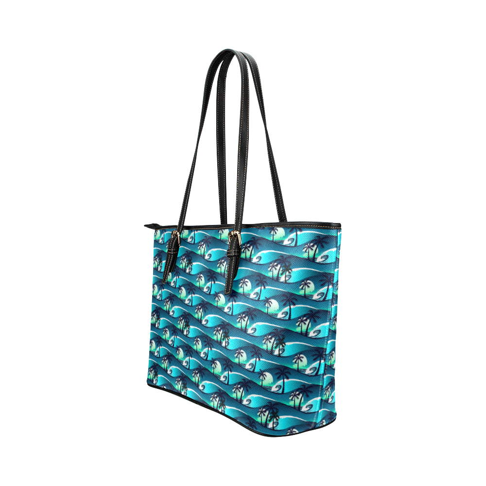 Beach Wave Design Print Leather Tote Bag