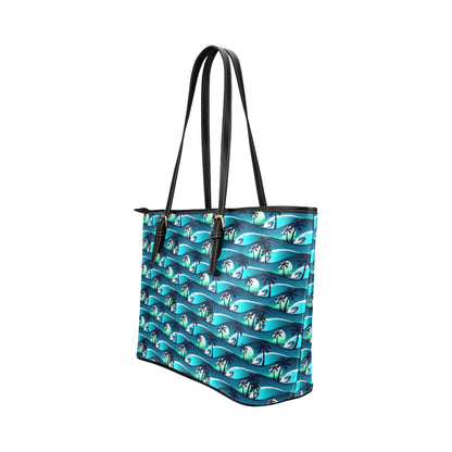 Beach Wave Design Print Leather Tote Bag