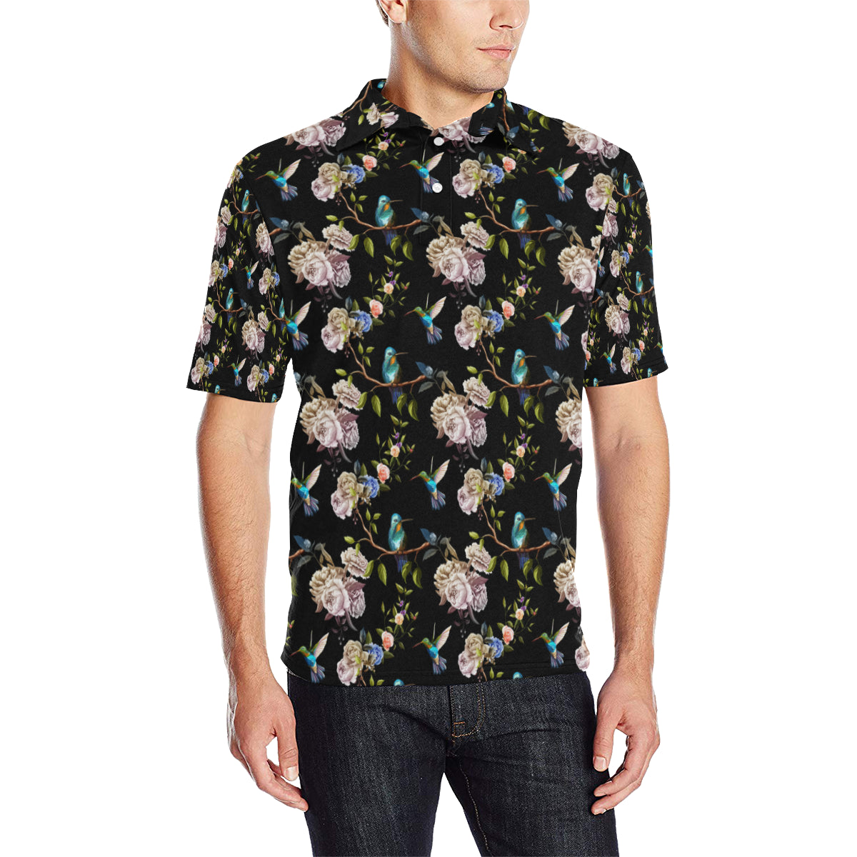 Hummingbird Flower Themed Print Men Polo Shirt