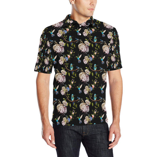 Hummingbird Flower Themed Print Men Polo Shirt