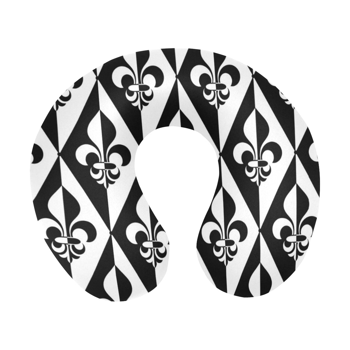 Fleur De Lis Black White Pattern Print Design 02 U-Shaped Travel Neck Pillow