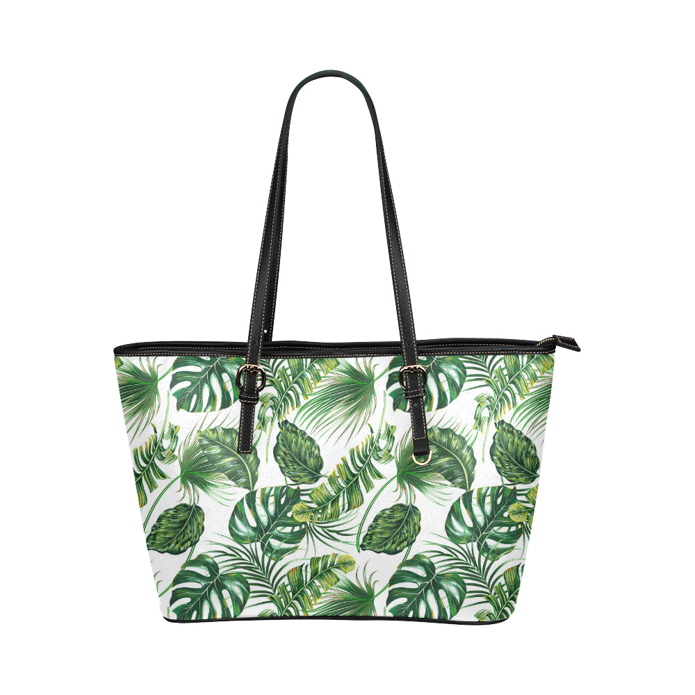 Green Pattern Tropical Palm Leaves Leather Tote Bag