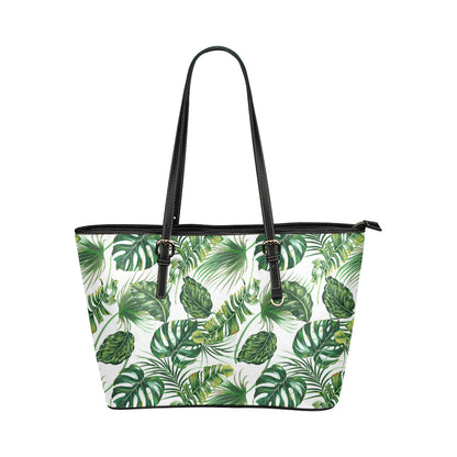 Green Pattern Tropical Palm Leaves Leather Tote Bag
