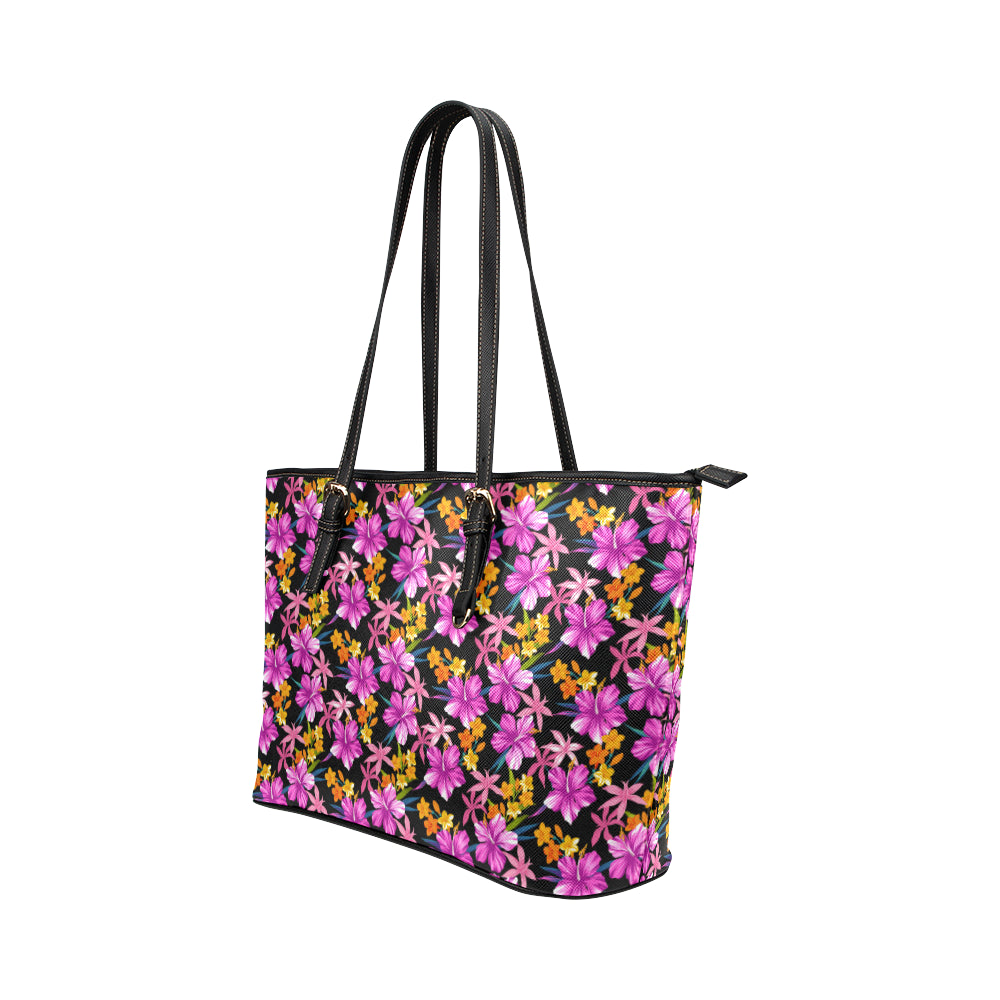 Tropical Folower Pink Hibiscus Print Leather Tote Bag