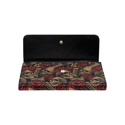 Microphone Skull Rose Pattern Print Design 02 Women's Trifold Wallet